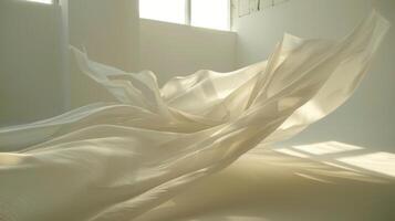 The floating fabric casts a dreamy glow as it catches the light of the studio photo