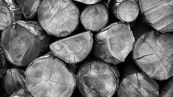 A pile of split logs each one displaying unique and distinct wood grain patterns. Black and white art. photo