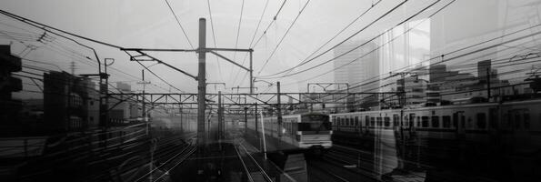 Crisscrossing power lines and buildings reflected in the windows of a passing train. Black and white art. photo