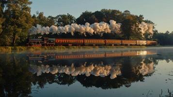 The reflection of the train in the still waters creates a dreamy otherworldly scene photo
