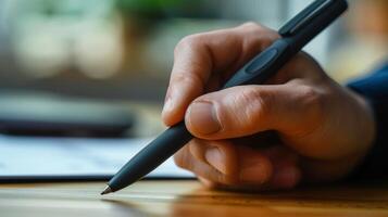 A smart pen is captured miduse with the charging port still visible at the top of the pen. The users hand grips the pen comfortably showcasing its ergonomic design photo