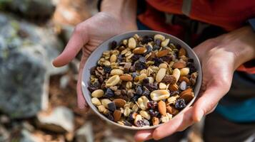 A homemade trail mix filled with nuts dried fruits and chocolate chips provides an energizing boost for a hiker making their way up a steep incline photo