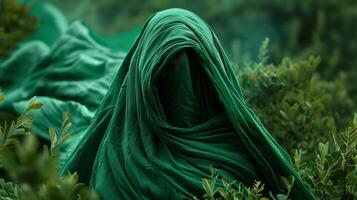Vibrant green fabric peeks out from under the cloak representing the fierce warriors connection to nature photo
