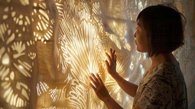 Visitors are invited to interact with a tactile textile installation using their hands to manipulate the fabric and create their own patterns and designs photo