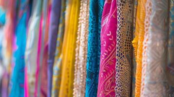 A glimpse of a delicate lace sari peeking out from behind racks of colorful fabrics at a textile market photo