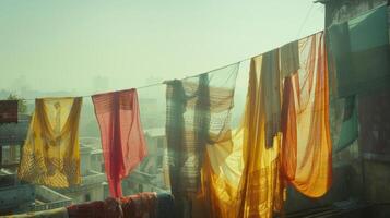An array of fabrics cascading down the rooftop creating a beautiful haze in the wind photo