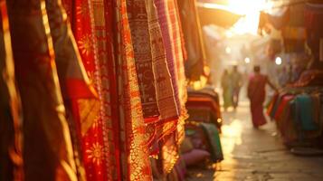 The patterned border of a sari catching the eye of a curious shopper in a market full of textile vendors photo