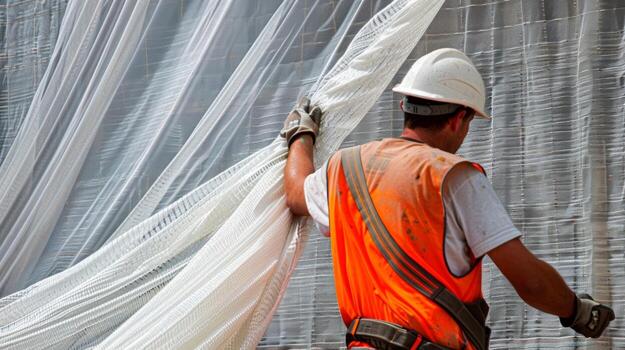 A construction worker pulls taut a piece of white mesh safety netting securing it in place to prevent any falling objects photo