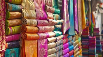 A market stall filled with an array of saris in every color and pattern imaginable with eager customers inspecting each one photo