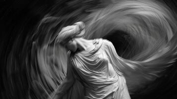 A toga caught in a whirlwind swirling and twirling around the wearers body as they try to hold onto it photo