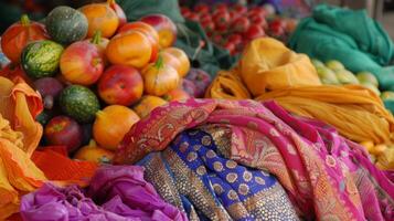 The vibrant hues of a sari blending in with the colorful es and produce at an openair market photo