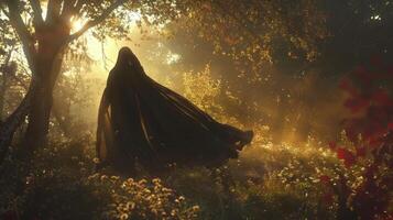 A cloak takes on a life of its own rising and falling with the wind as it navigates through the forest photo