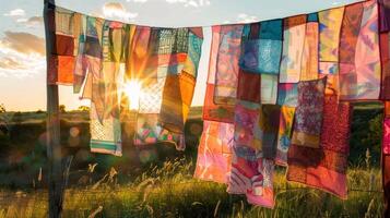 A tapestry of patchwork fabrics blow in the breeze each piece telling its own unique story photo