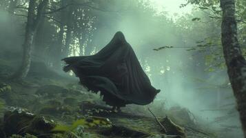 A cloak trailing behind as it flies through the misty forest leaving a sense of wonder in its wake photo