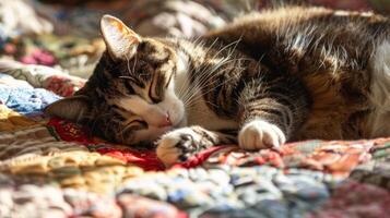 A barnyard cat curls up on a patchwork quilt enjoying the warm sun and gentle rustle of the fabric photo
