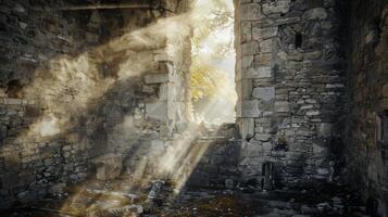 The forgotten castle takes on a mystical quality as wispy scraps of fabric dance around its ancient stone walls photo