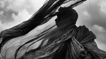 Several swaths of dark and light cloth weave together in an intricate dance battling with the tempestuous monsoon for control photo