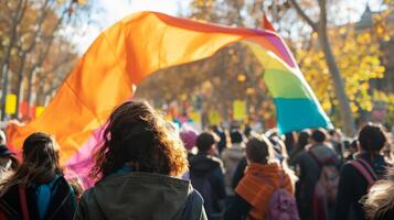 A banner featuring a powerful slogan billowing in the wind inspiring the crowd to unite in support photo