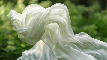 The spinning fabric creates a whimsical ballet in the quiet garden twirling and twisting with grace photo