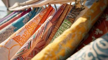 The boats canopy covered in an eclectic mix of fabric swatches providing shade and adding to the boats charm photo