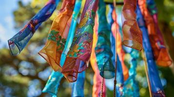As the wind picks up the cloth pieces on the wind chime dance and twist creating a whimsical display photo