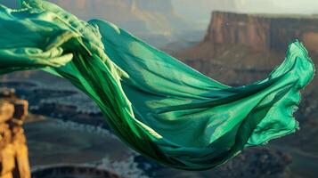 A silky emerald green scarf flutters in the wind adding a touch of color to the rugged landscape of the canyon photo