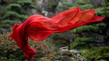 The elegant lines of a red silk scarf twisting and turning with every gust of wind in the Zen garden photo