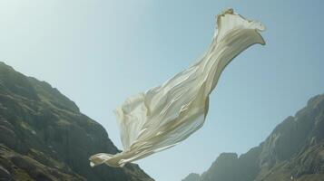 A lone piece of fabric hangs suspended between two mountain peaks swaying gently in the wind photo