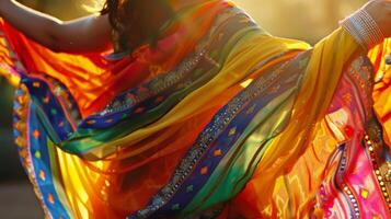 A kaleidoscope of colors and patterns in the fabric enhancing the energy and passion of the dance photo