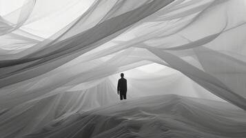 A solitary figure stands on the edge the fabric caught in a moment of stillness before whipping up in a frenzy again in an endless loop of movement photo