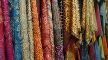 Pieces of fabric cascade down from wire racks creating a waterfall of rich textures and hues for shoppers to peruse photo