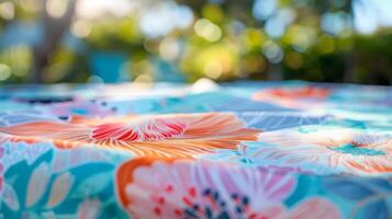 A gentle breeze lifts the edges of a vibrant tablecloth revealing the intricate handiwork and attention to detail that went into its creation photo