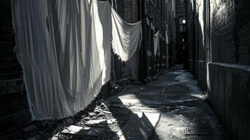 A striking contrast of light and dark as strips of fabric flutter in an alleyway creating a serene and ethereal atmosphere photo