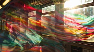 The fabric scraps flying past a poster of the train schedule giving the illusion of a colorful blur photo