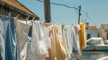 Laundry hangs on a clothesline swaying in the salty air and billowing with the wind in a quaint seaside village photo