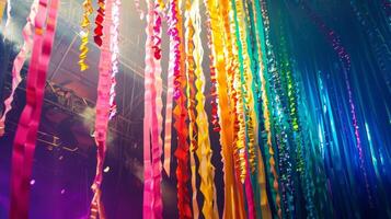 A jumble of rainbowcolored streamers hanging from the stage and bouncing in the wind at an amphitheater photo