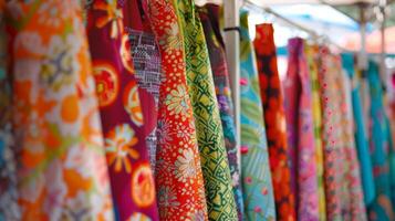 Tents and booths adorned with a kaleidoscope of different fabric prints creating a vibrant atmosphere photo