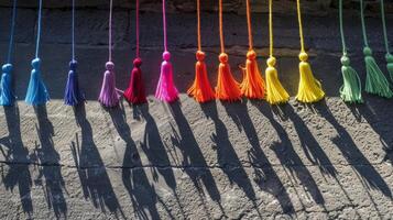 Playful tassels dangle from the edge of a rooftop catching the sunlight and casting colorful shadows on the pavement below photo