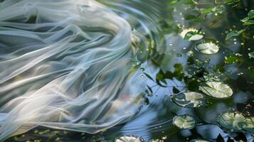 The gentle breeze causes the floating fabric to sway as the pond below remains quiet and undisturbed photo