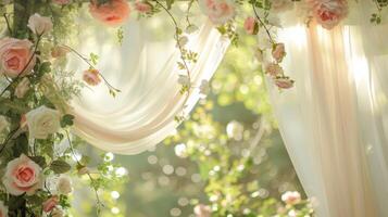 The trellis is transformed into a fairy tale setting with the addition of billowing fabric in soft ethereal hues photo