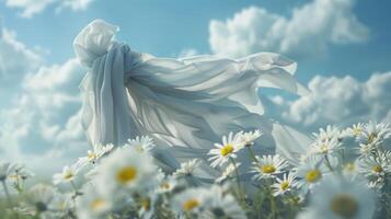 A bundle of cloth tied with a ribbon flutters gently atop a bed of daisies as if floating on a cloud photo