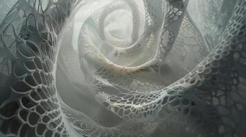 Elaborate layers of lace twirling and dancing in a controlled wind tunnel photo