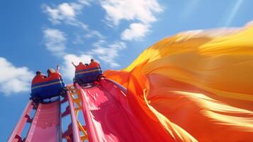 The windwhipped fabric of a flag billowing behind the carts on a daring roller coaster course photo