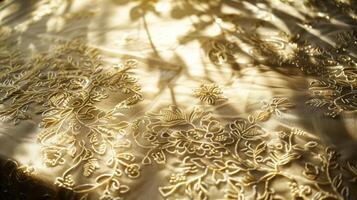A tablecloth made of gauzy fabric covered in intricate embroidery adding elegance to the setting photo