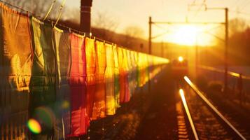 The train zooms by causing a line of colorful fabric flags to ripple and flutter in its wake photo
