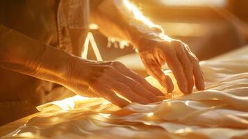 A sculptors hands carefully arranging swaths of fabric creating a dynamic composition in the studio photo