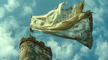 A sense of movement and life exuding from the fabric as it billows and ripples in the breeze atop the still turret photo