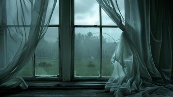 A stormy day with dark curtains billowing out from an open window creating an ominous atmosphere photo