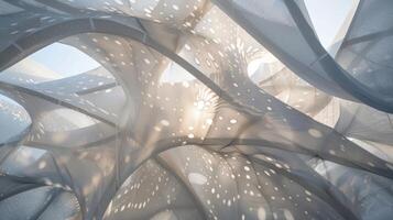 As the fabric flows patterns of light and shadow dance across the pavilion creating a mesmerizing visual spectacle photo