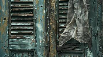 Tattered pieces of fabric flap against ancient wooden shutters creating a haunting rhythm photo